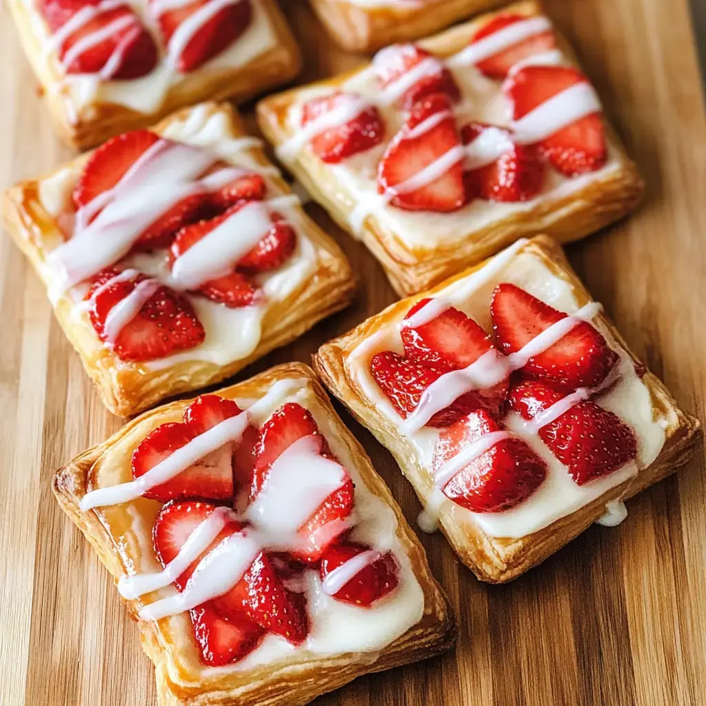 A close-up view of flaky pastry squares topped with fresh strawberries and drizzled with icing.