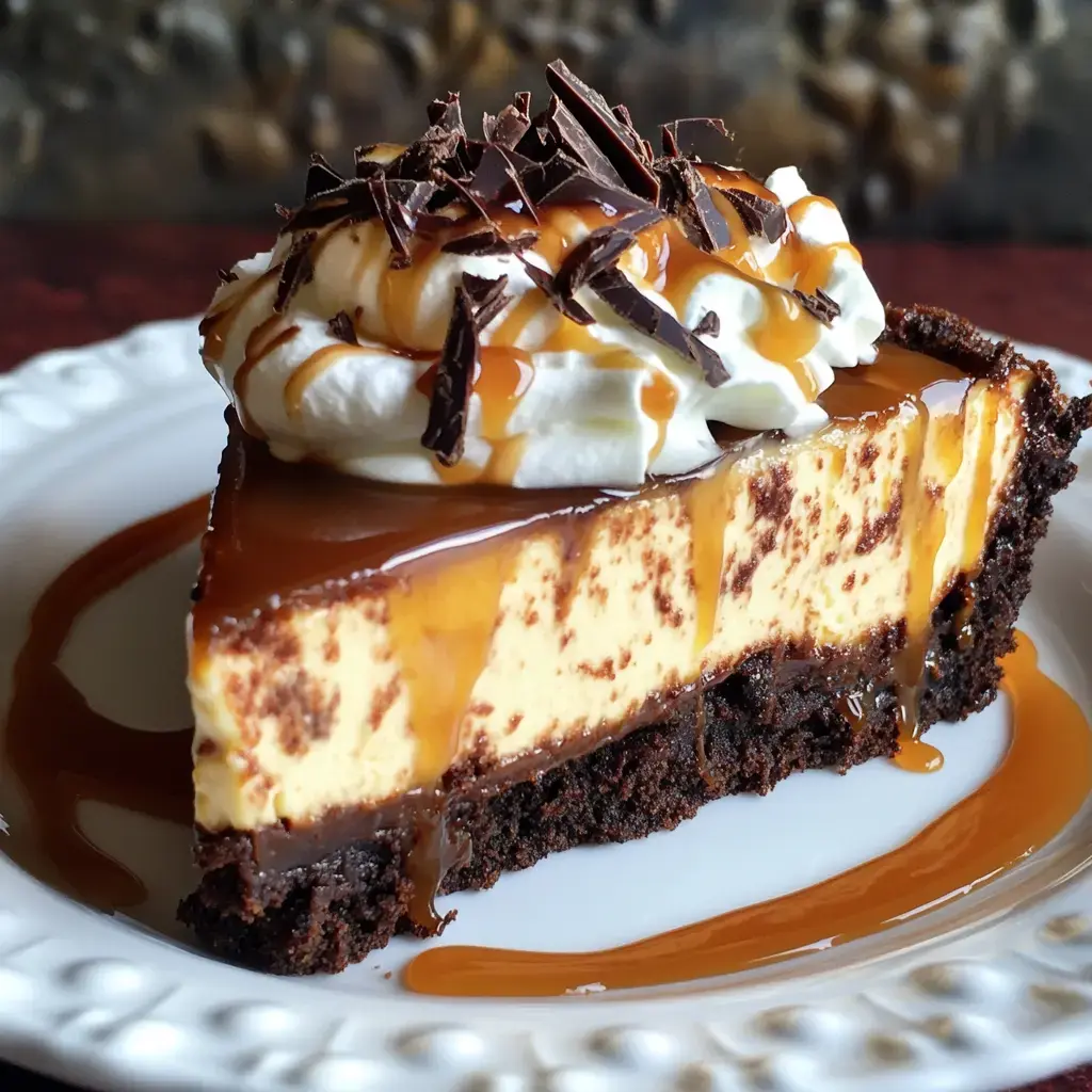 A slice of creamy caramel cheesecake topped with whipped cream, chocolate shavings, and drizzled with caramel sauce on a chocolate crust.