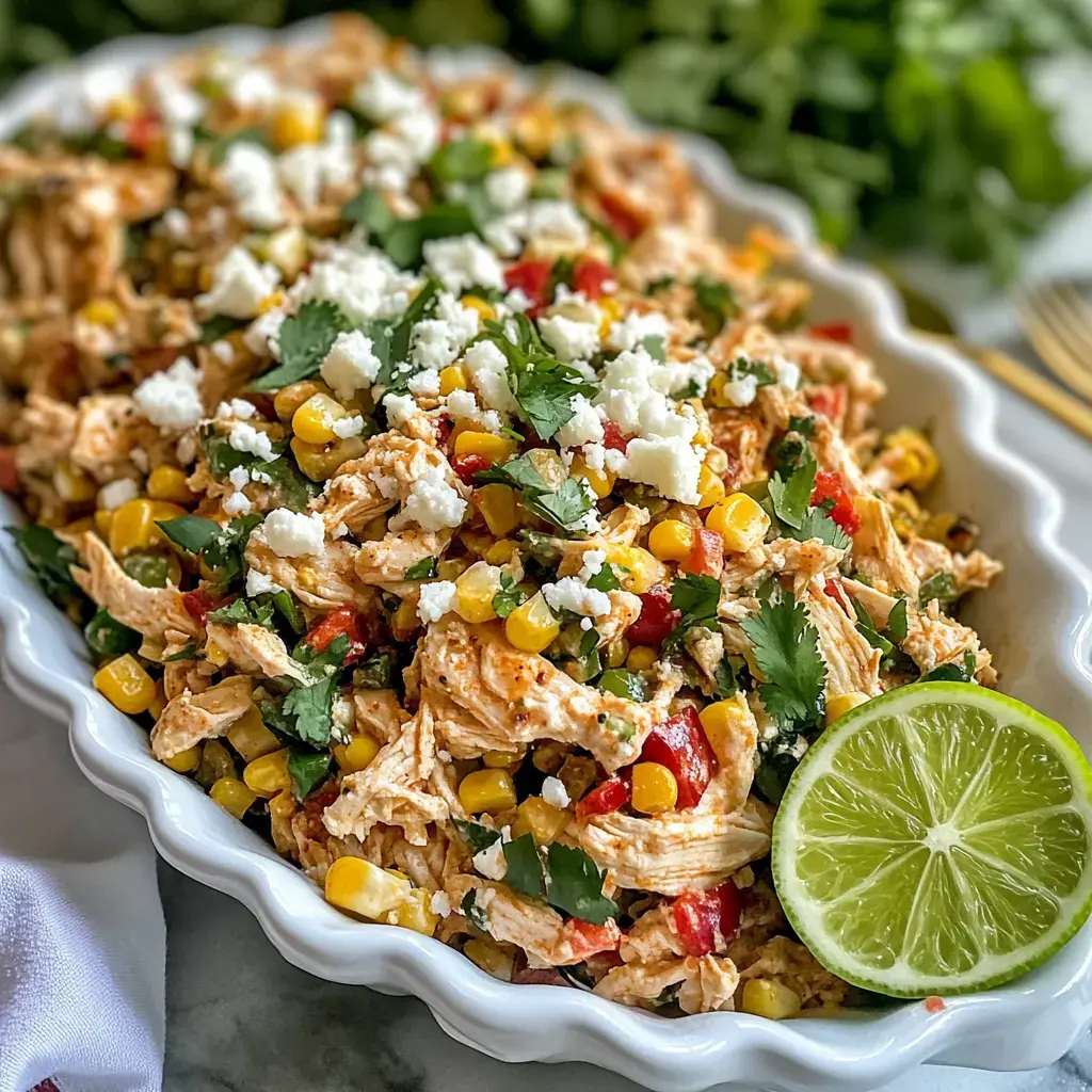 A colorful dish of shredded chicken mixed with corn, red peppers, and cilantro, topped with feta cheese and served with a lime wedge.