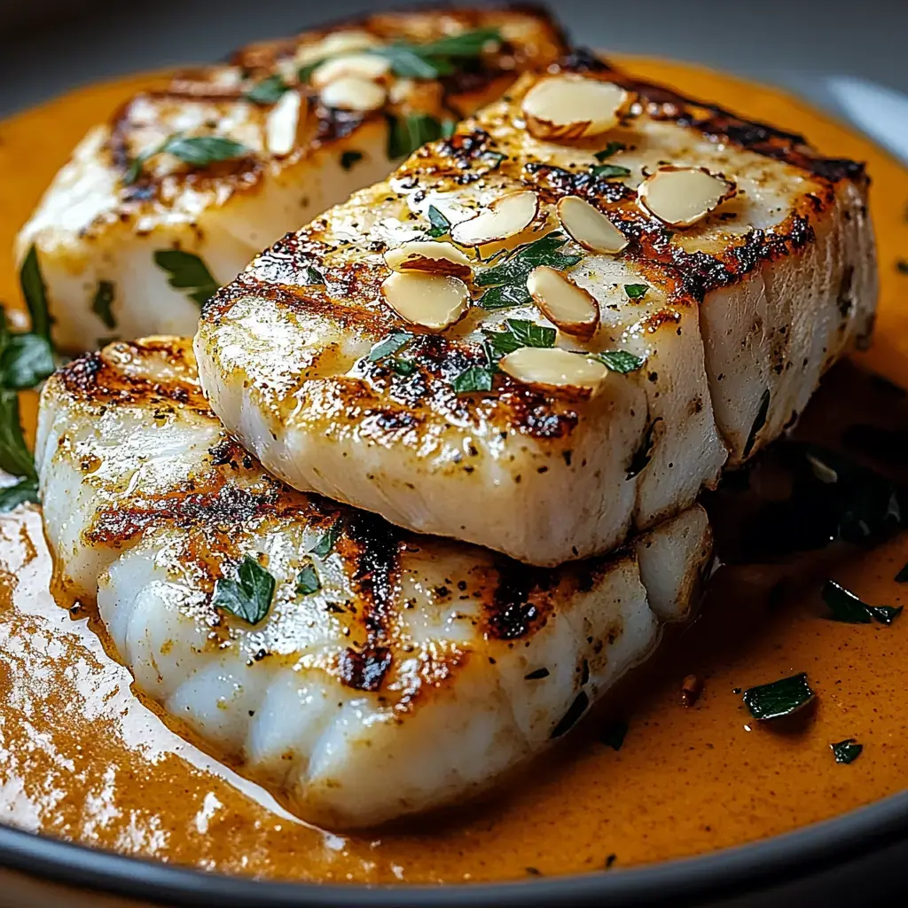 A plate of grilled fish fillets garnished with sliced almonds and herbs, served in a rich orange sauce.