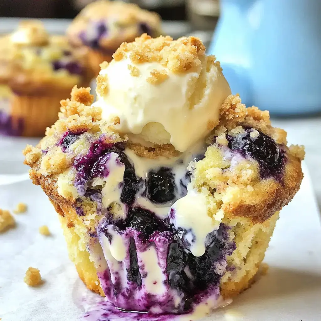 A freshly baked blueberry muffin is shown with a scoop of melting ice cream on top, oozing blueberry filling and cream from its center.