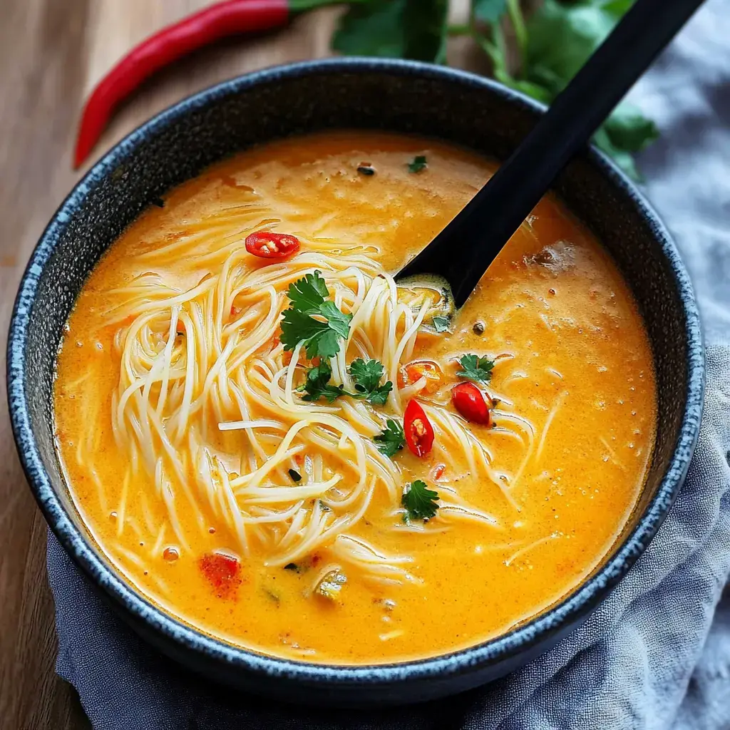 A bowl of creamy noodle soup garnished with fresh herbs and red chili slices.