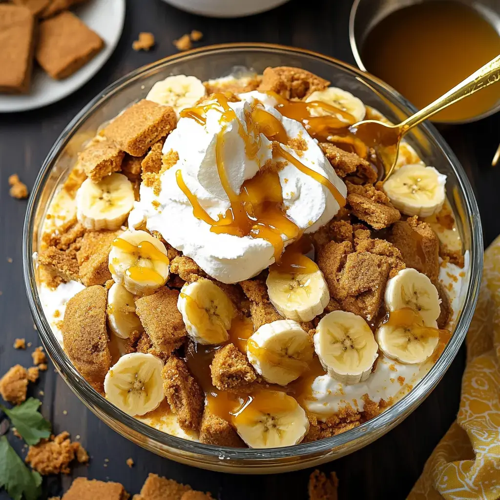 A glass bowl filled with layers of whipped cream, sliced bananas, crumbled cookies, and a drizzle of syrup.