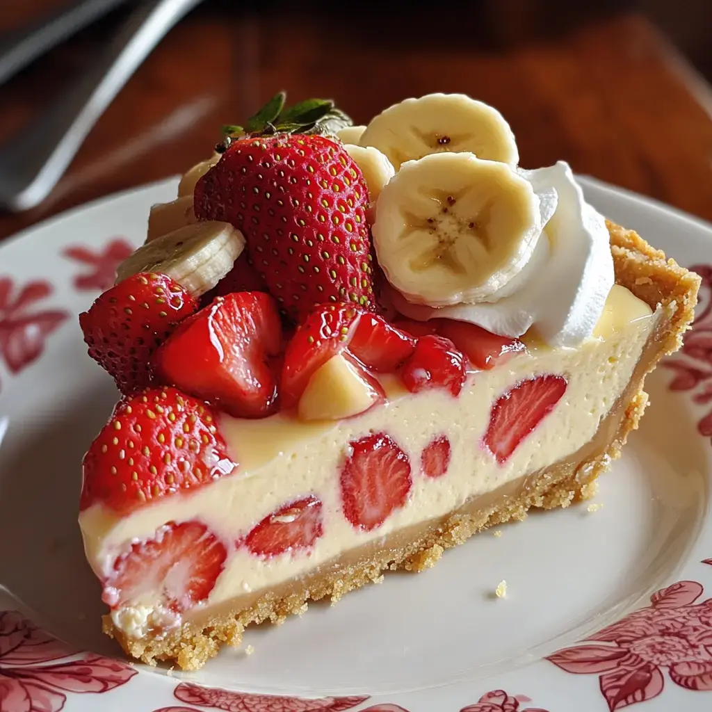 A slice of creamy dessert topped with strawberries, bananas, and whipped cream, sitting on a decorative plate.