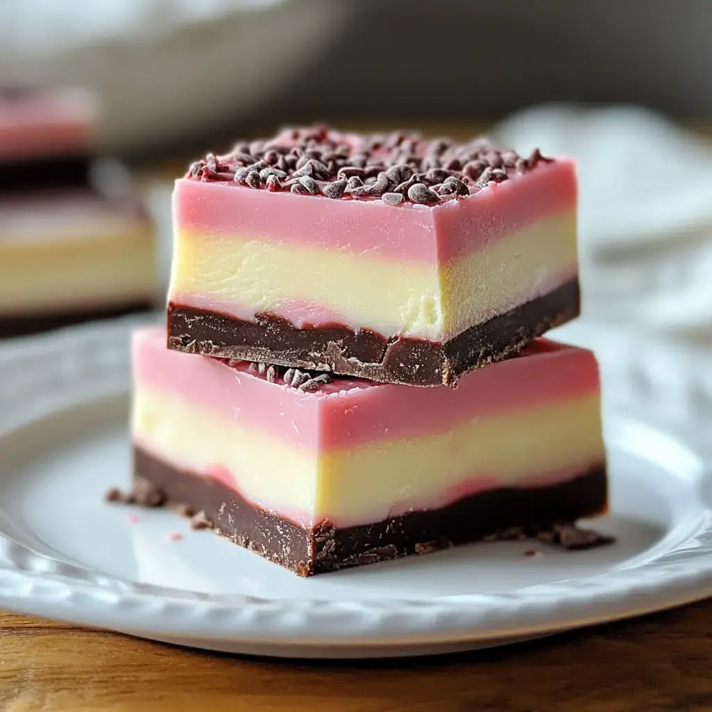 A plate displays two stacked squares of layered dessert, featuring pink, yellow, and dark chocolate layers, topped with chocolate sprinkles.