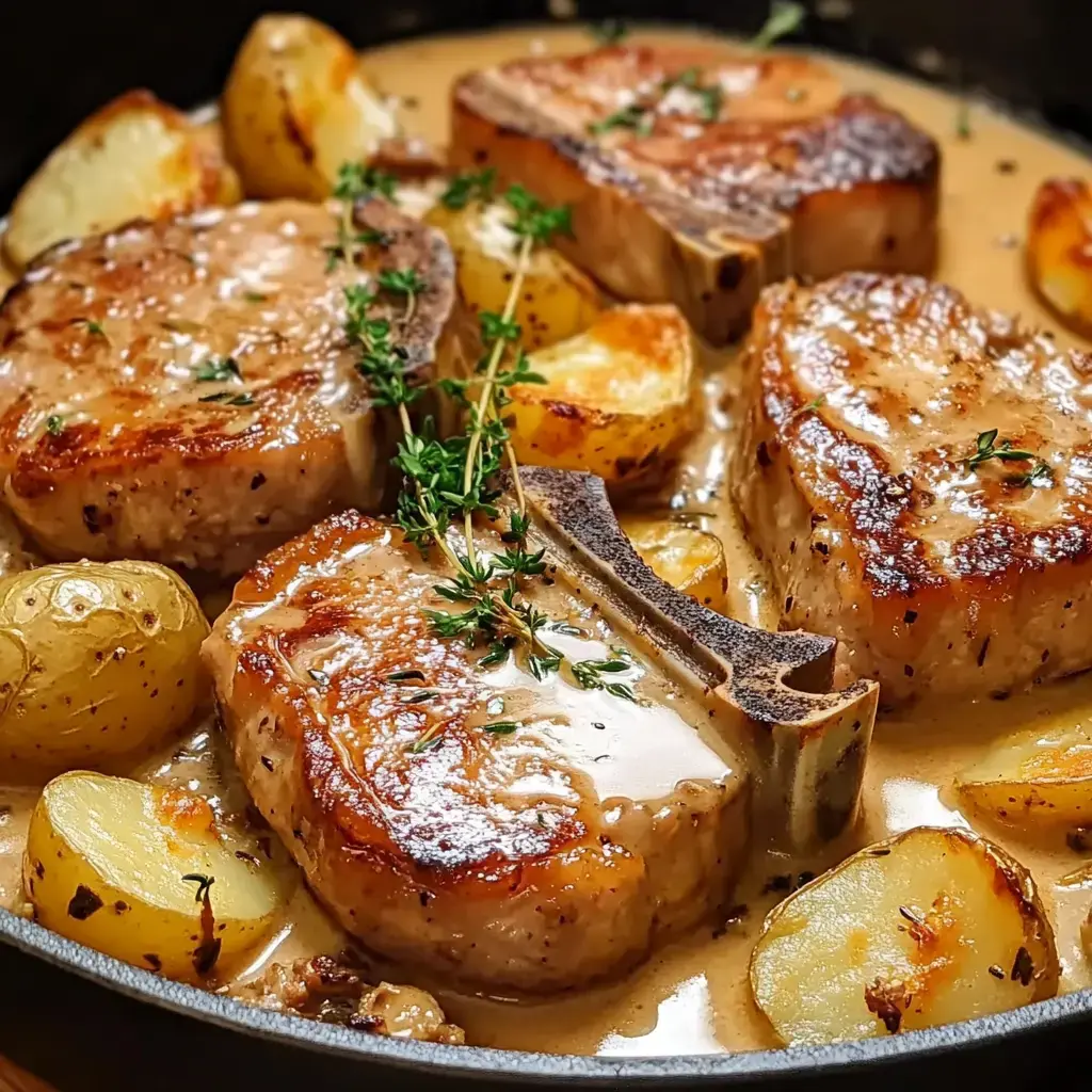 A skillet contains seared pork chops and golden roasted potatoes in a creamy sauce, garnished with fresh thyme.