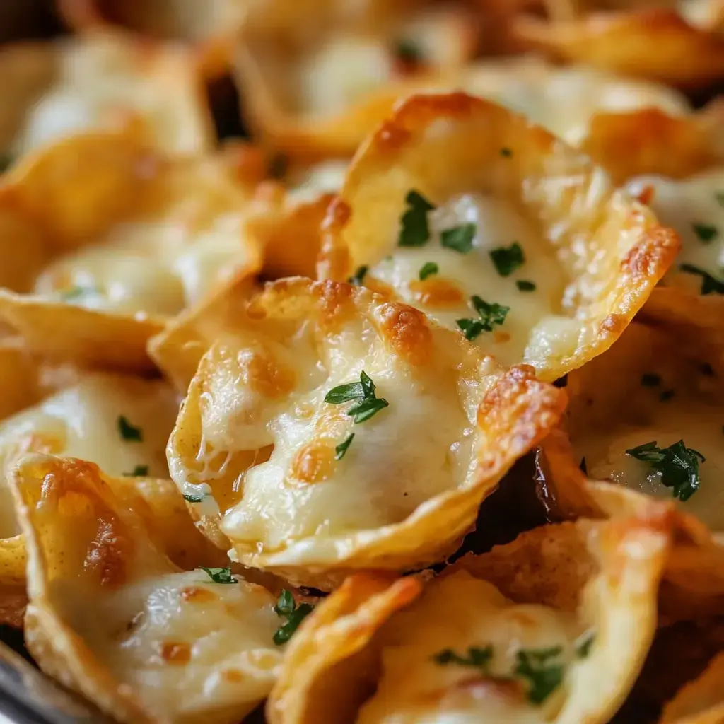 A close-up image of freshly baked, cheesy tortilla cups garnished with chopped parsley.