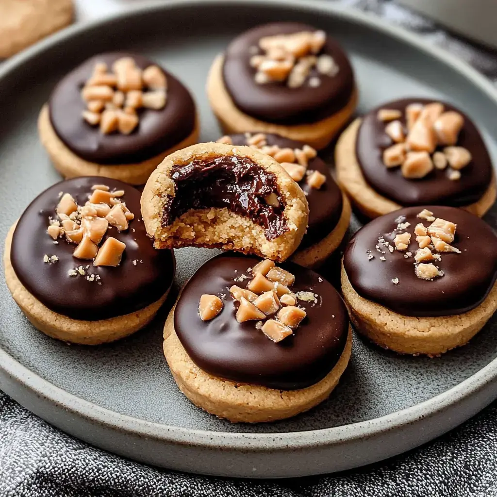 A plate of chocolate-covered cookies topped with toffee bits, featuring one cookie with a bite taken out to reveal a chocolate filling.