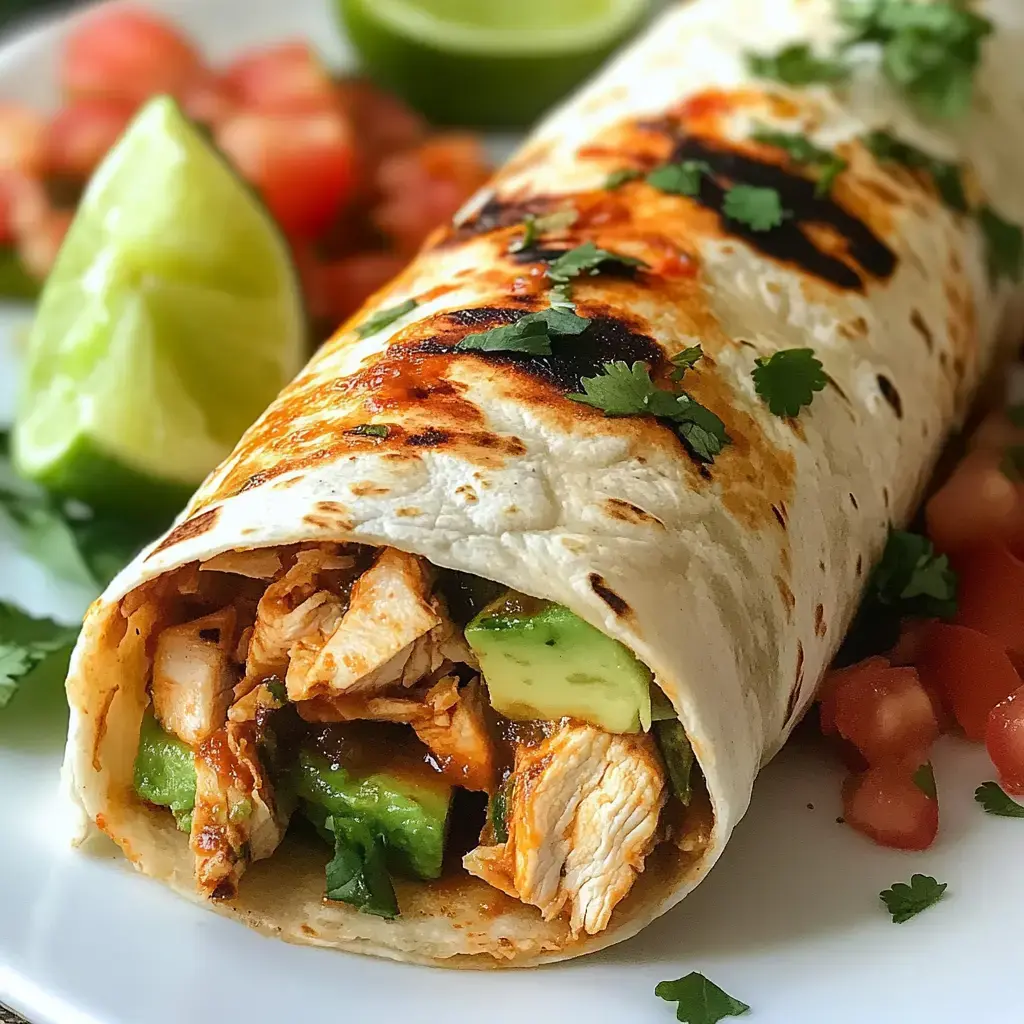 A close-up of a grilled burrito filled with chicken, avocado, and sauce, garnished with cilantro and served with lime wedges and chopped tomatoes on the side.