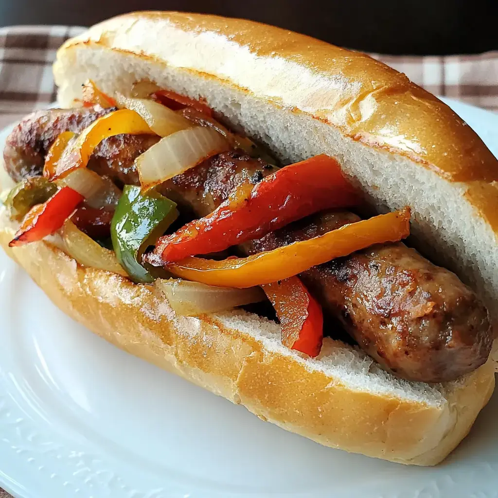 A sausage sandwich filled with grilled peppers and onions nestled in a soft bun.