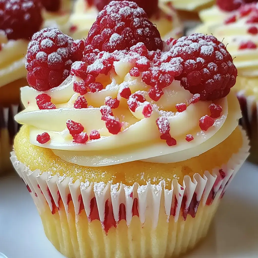 A close-up of a decorated cupcake topped with raspberries and sprinkles, featuring a creamy frosting and a white cupcake liner.