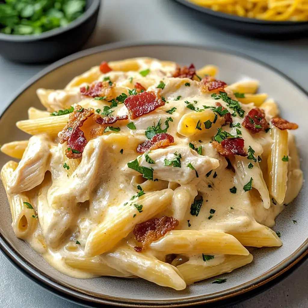 A plate of creamy penne pasta topped with chopped bacon and parsley, surrounded by additional dishes in the background.