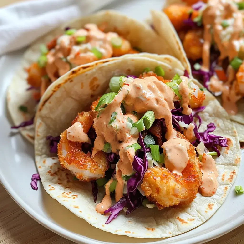 Three shrimp tacos are filled with crispy shrimp, purple cabbage, and drizzled with a creamy sauce, served on a plate.