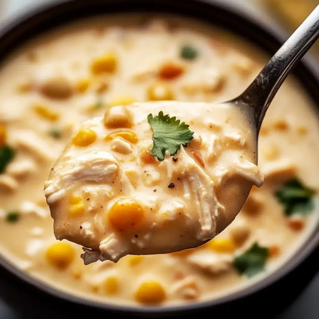 A spoonful of creamy chicken soup with corn and a garnish of cilantro, against a blurred background of the soup in a bowl.