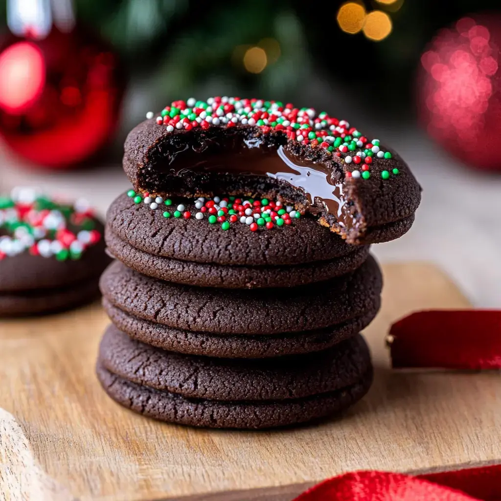 A stack of chocolate cookies with festive red, green, and white sprinkles, one cookie partially broken to reveal a gooey chocolate filling.