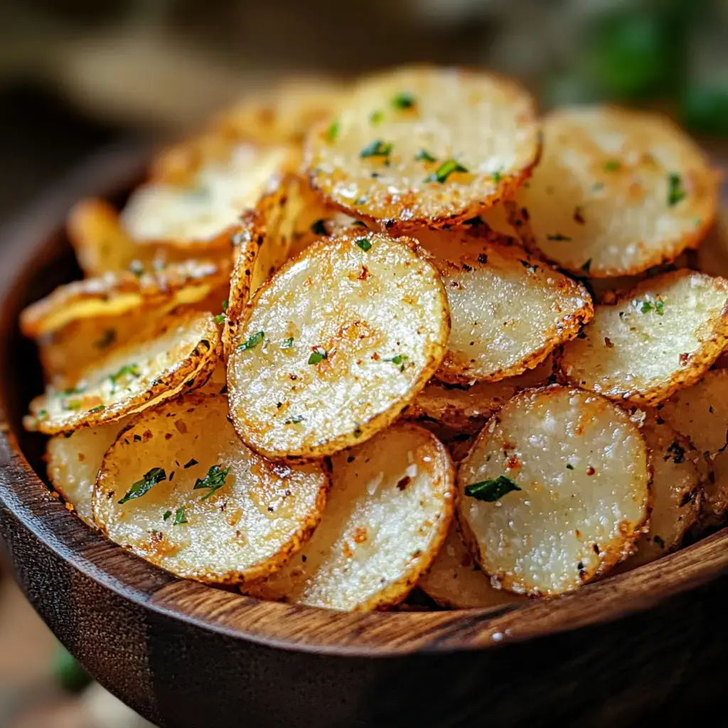 A wooden bowl filled with golden-brown, crispy potato slices garnished with chopped herbs.