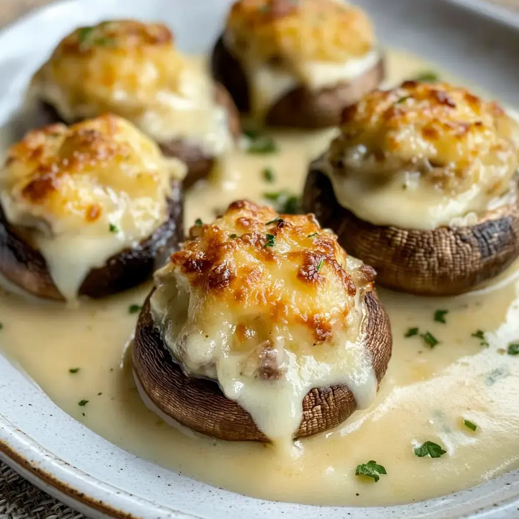 A plate of stuffed mushrooms topped with melted cheese and herbs in a creamy sauce.