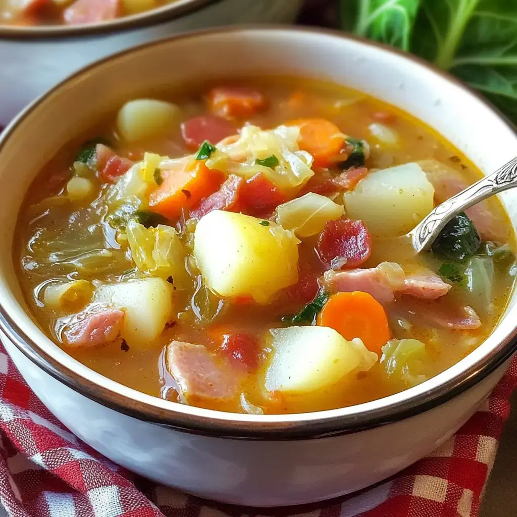 A close-up of a bowl of hearty vegetable and meat soup with potatoes, carrots, and cabbage, garnished with herbs.