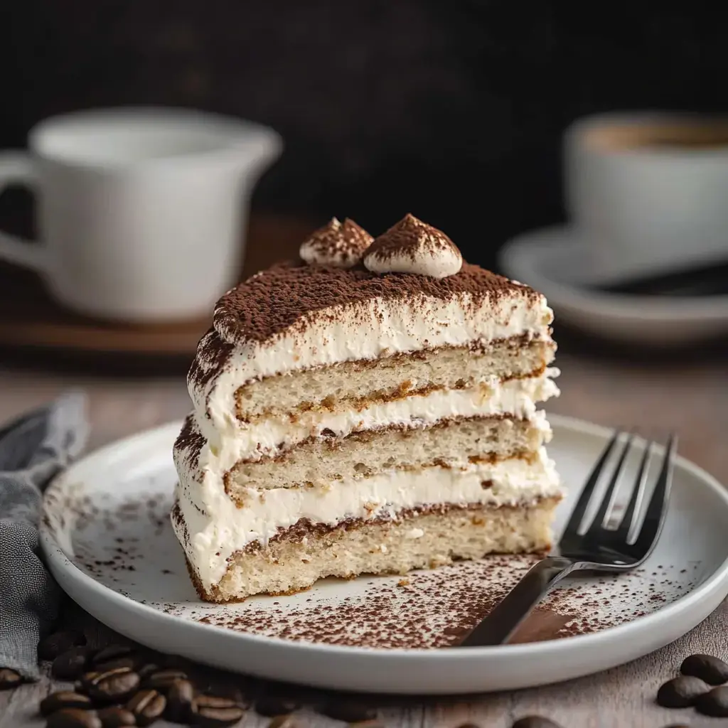 A slice of layered tiramisu cake topped with cocoa powder and meringue sits on a plate next to a fork, with a coffee cup and creamer in the background.