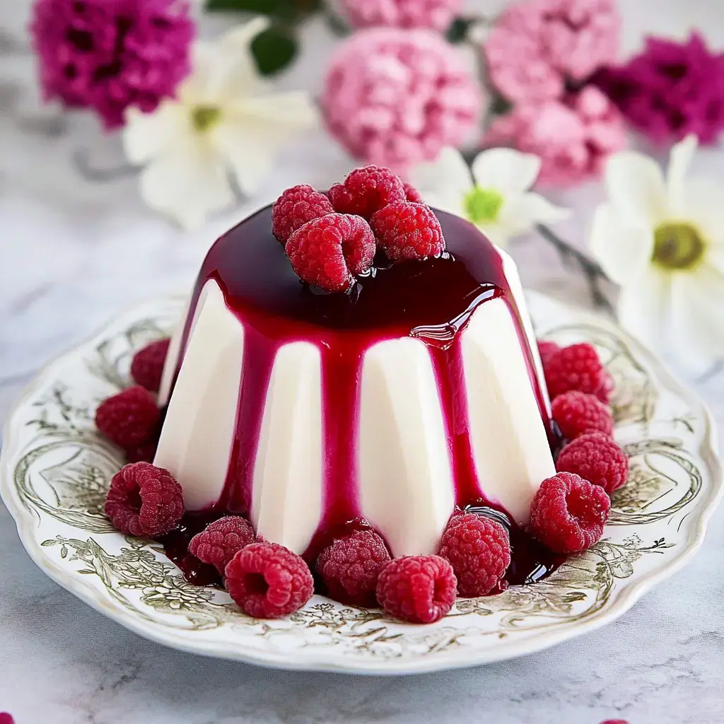 A creamy dessert topped with raspberry sauce and fresh raspberries is displayed on an elegant plate surrounded by flowers.