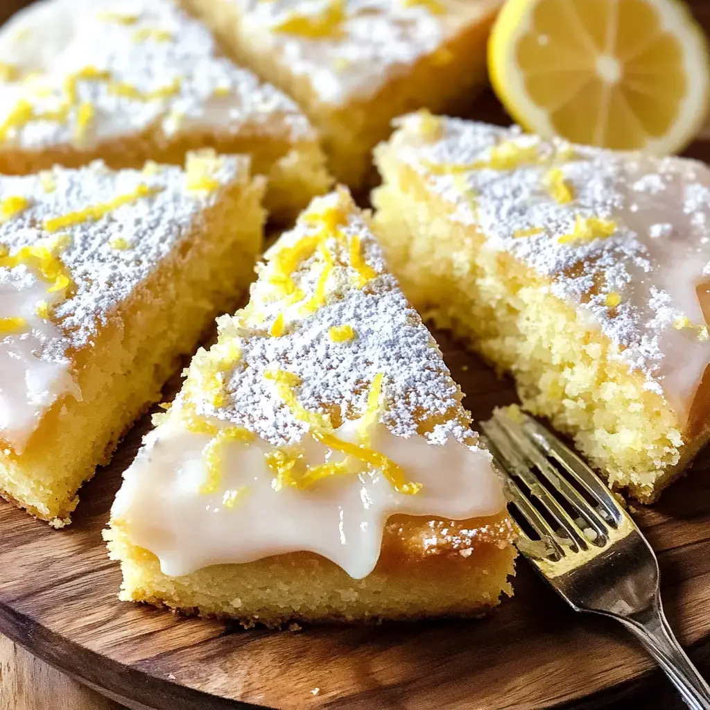 A sliced lemon cake drizzled with icing and garnished with powdered sugar and lemon zest, displayed on a wooden platter with a lemon wedge nearby.