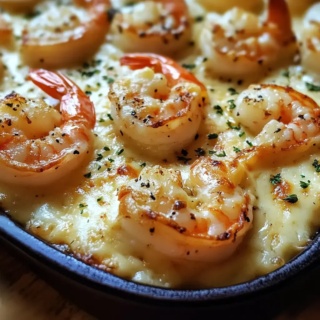 A close-up image of baked shrimp in a creamy sauce, garnished with parsley and black pepper.