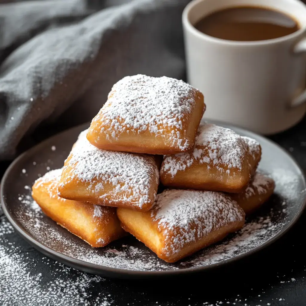 A stack of powdered sugar-dusted pastries on a plate next to a cup of coffee.