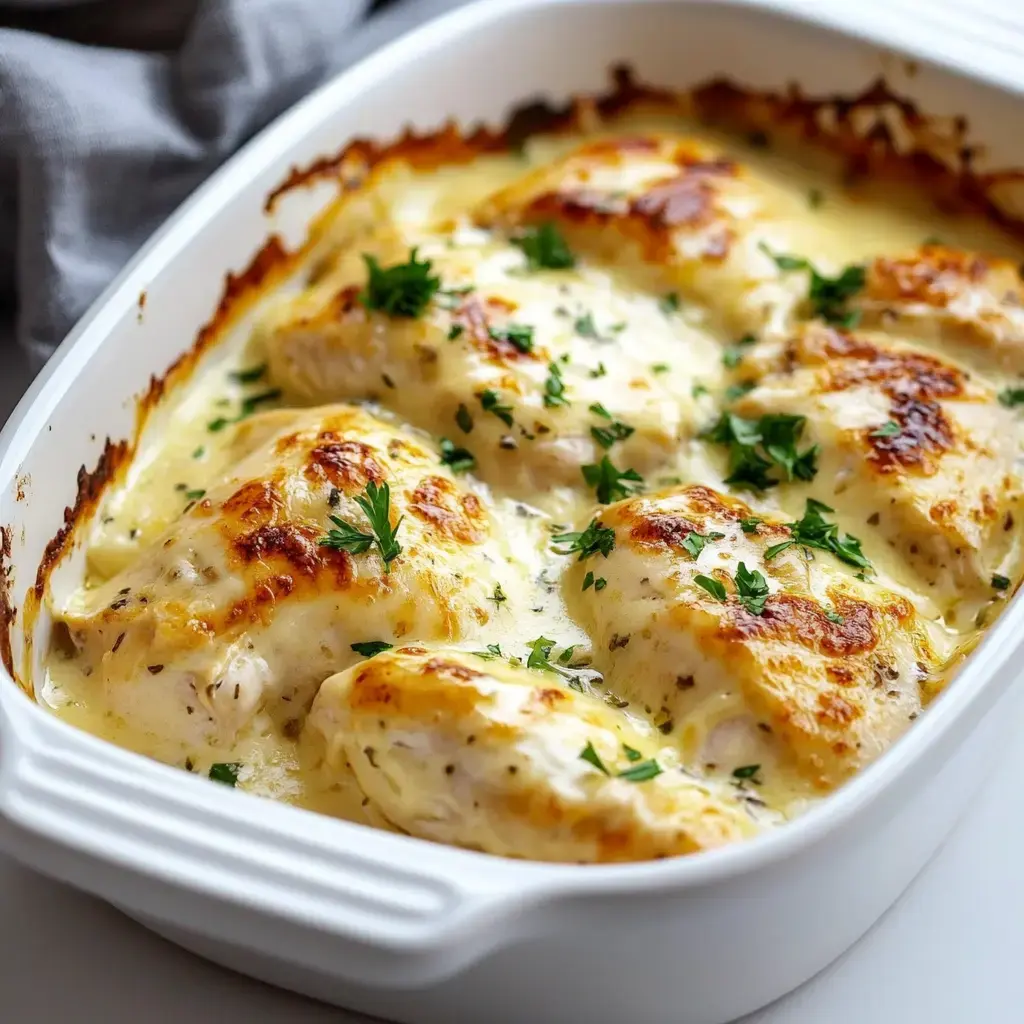 A creamy baked chicken dish topped with golden brown cheese and garnished with fresh parsley.