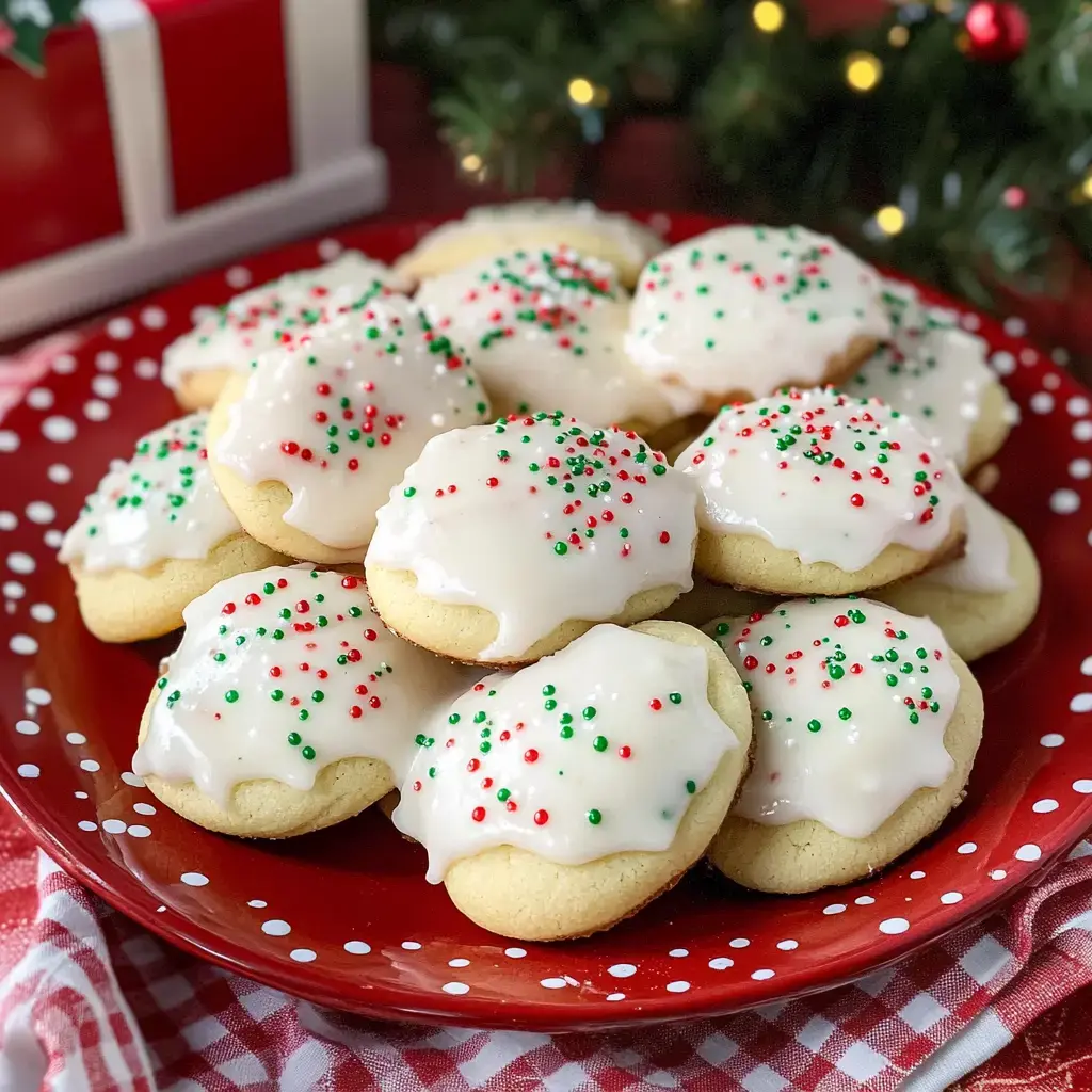 A festive plate of iced cookies topped with red and green sprinkles, surrounded by holiday decorations.