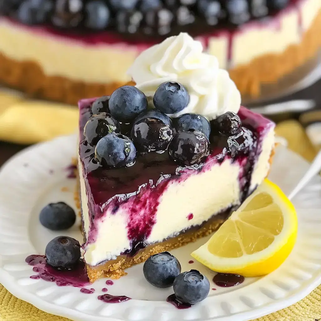 A slice of blueberry cheesecake topped with fresh blueberries and whipped cream alongside a lemon wedge, served on a white plate.