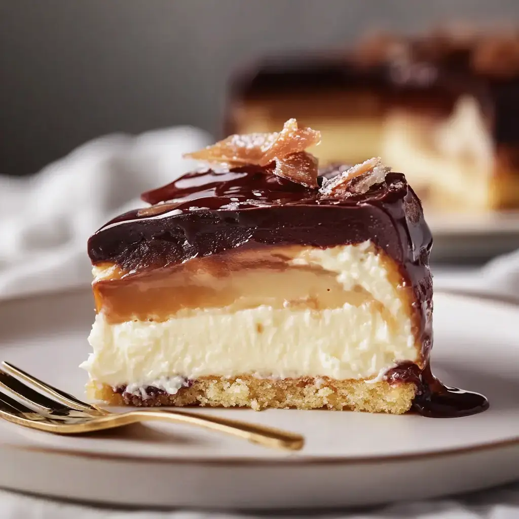 A close-up of a slice of layered dessert featuring chocolate ganache, caramel, custard, and a crumbly base, garnished with crunchy pieces on top.