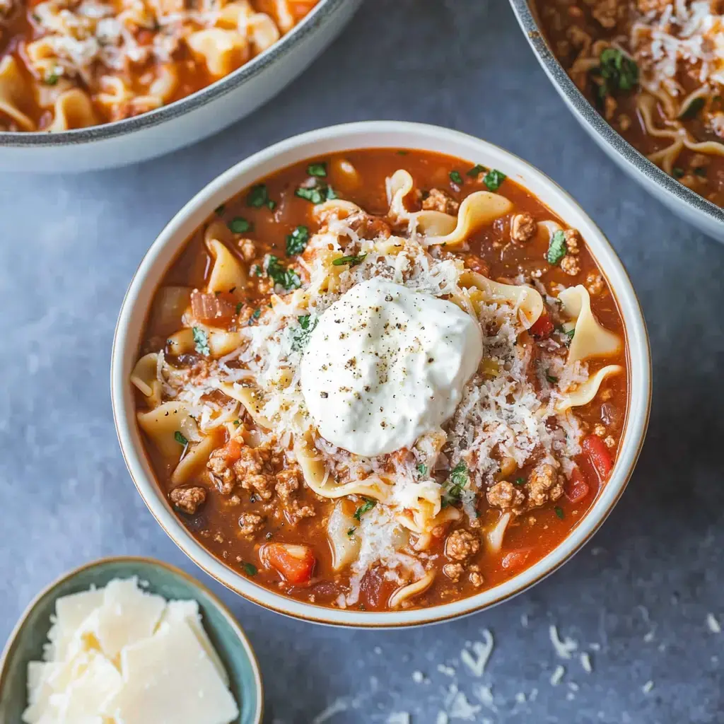 A bowl of hearty pasta soup topped with sour cream, shredded cheese, and chopped herbs, accompanied by a small dish of cheese.