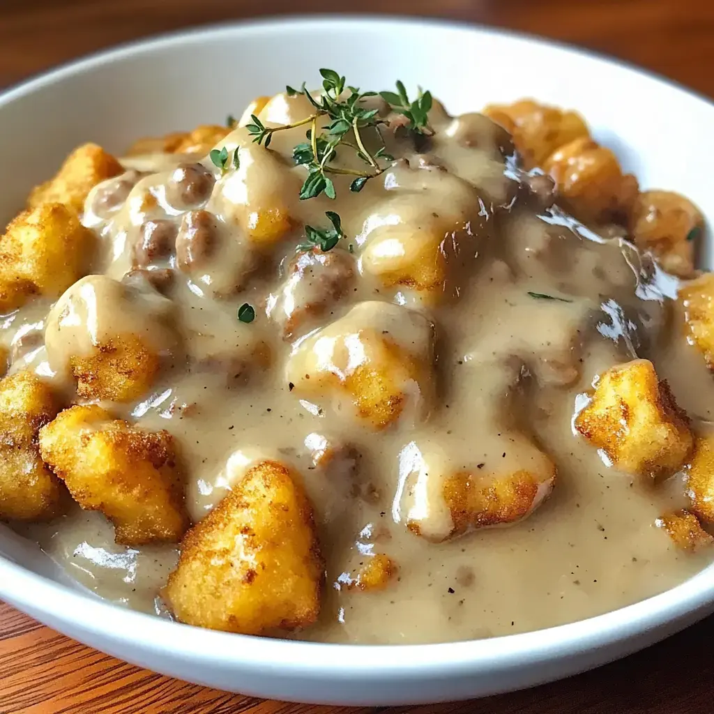 A bowl of golden fried dumplings topped with creamy gravy and garnished with fresh thyme.