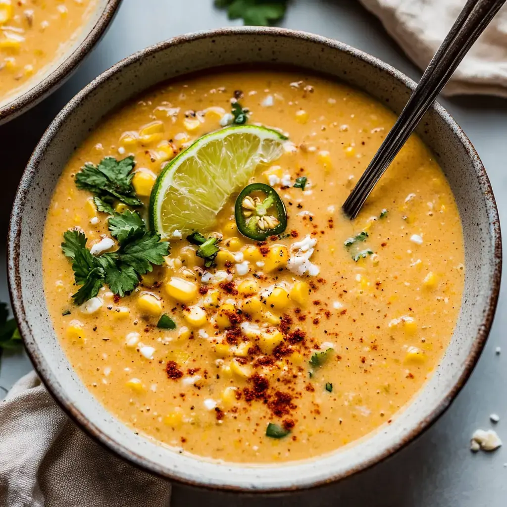 A bowl of creamy corn soup topped with fresh cilantro, a slice of lime, jalapeño, and sprinkled with seasoning.