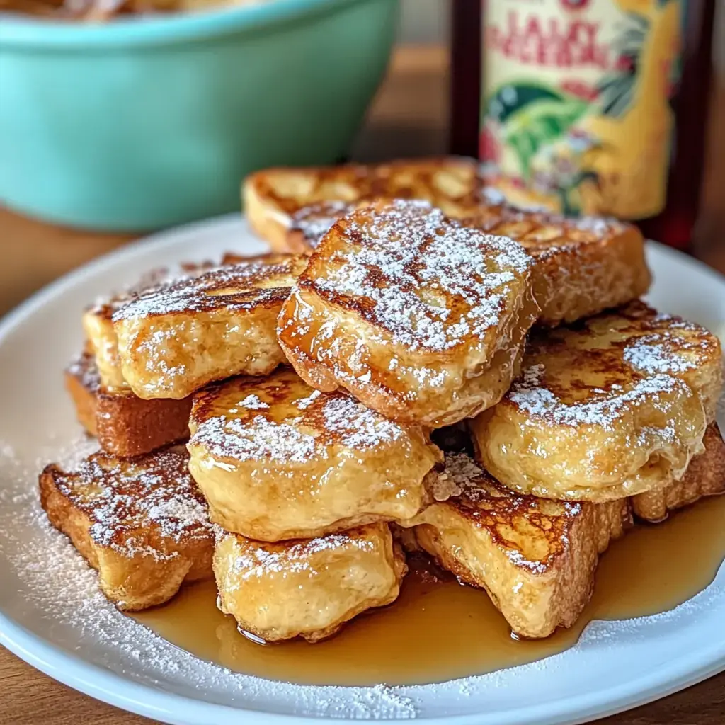 A stack of golden-brown French toast sprinkled with powdered sugar and drizzled with syrup on a white plate, with a teal bowl and a bottle of syrup in the background.