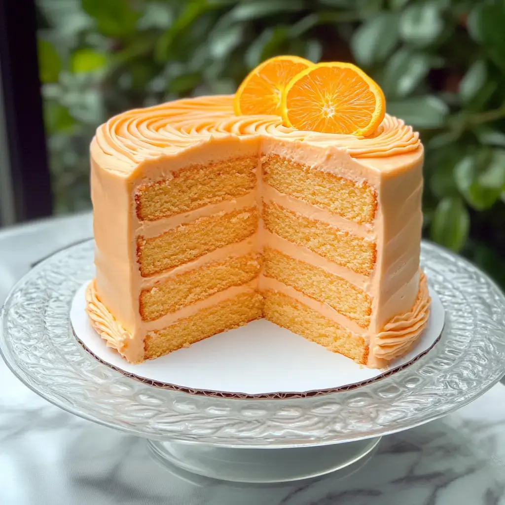 A beautifully layered orange cake with cream frosting, partially sliced and garnished with two orange slices on top.