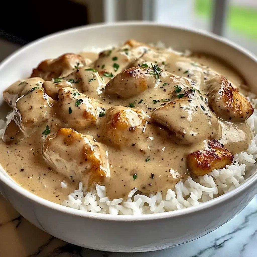 A bowl of rice topped with pieces of chicken covered in a creamy sauce and garnished with herbs.