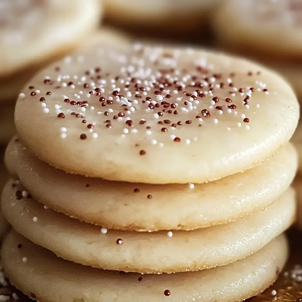 A stack of round, frosted cookies with colorful sprinkles on top.