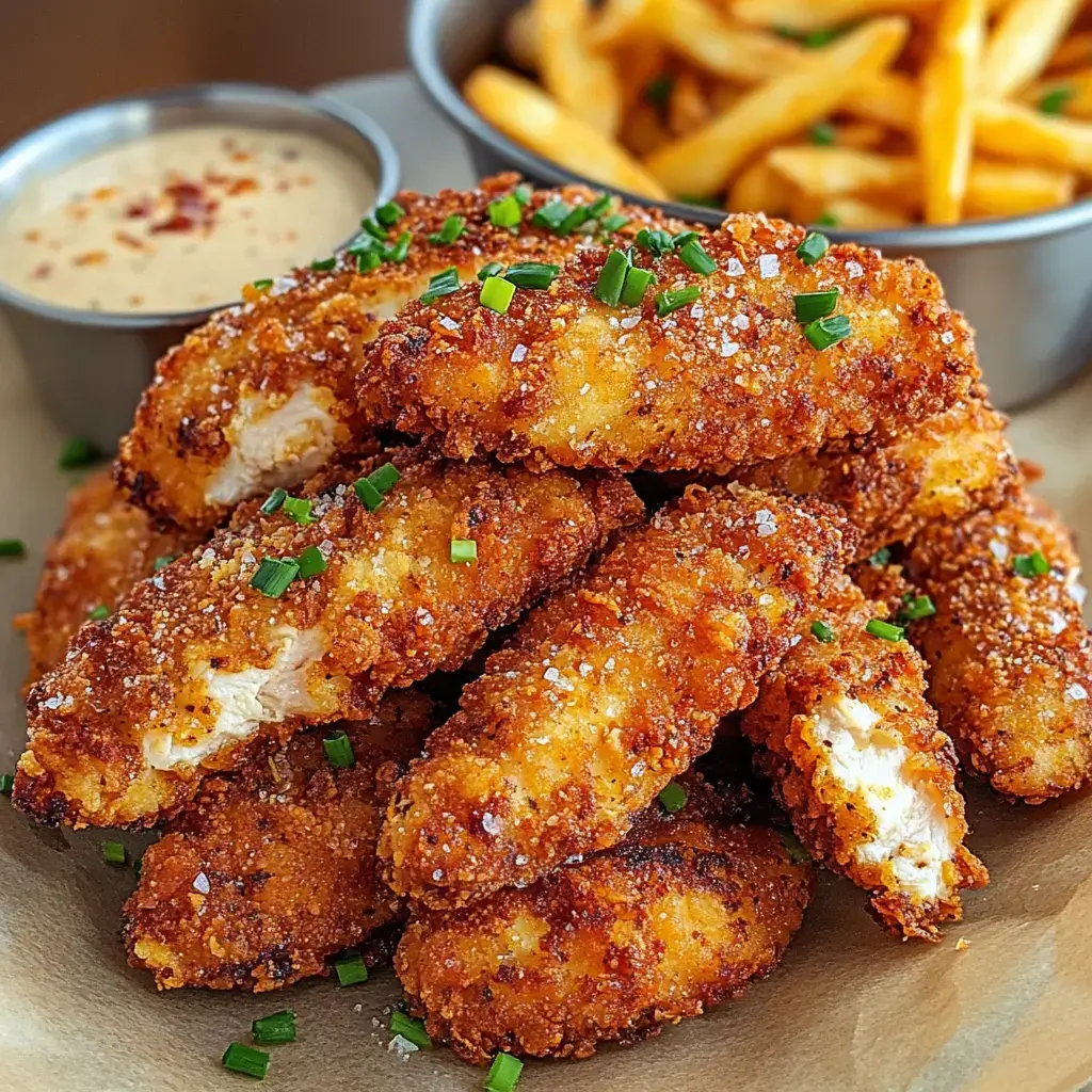 A pile of golden-brown fried chicken tenders garnished with green onions and served with a side of dipping sauce and French fries.