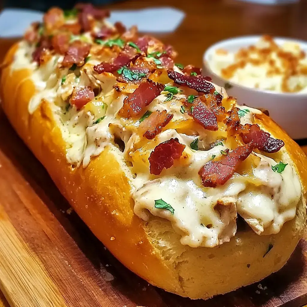 A loaded sandwich on a wooden board topped with creamy sauce, bacon bits, and herbs, accompanied by a small bowl of macaroni and cheese.