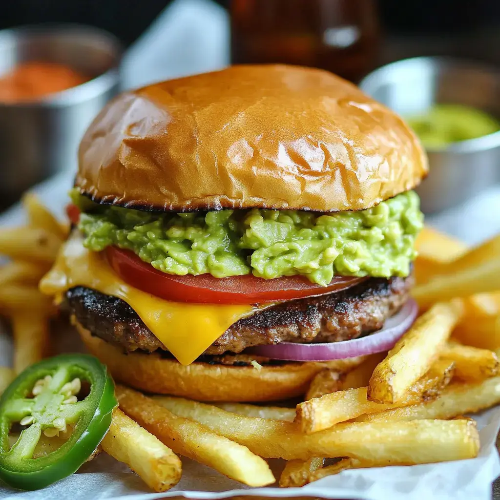 A close-up of a juicy cheeseburger topped with guacamole, tomato, and onion, served with golden French fries and a slice of jalapeño on the side.