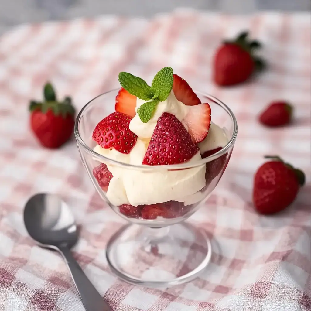 A glass bowl filled with layered strawberries and cream, topped with fresh mint, on a checkered cloth with additional strawberries nearby.