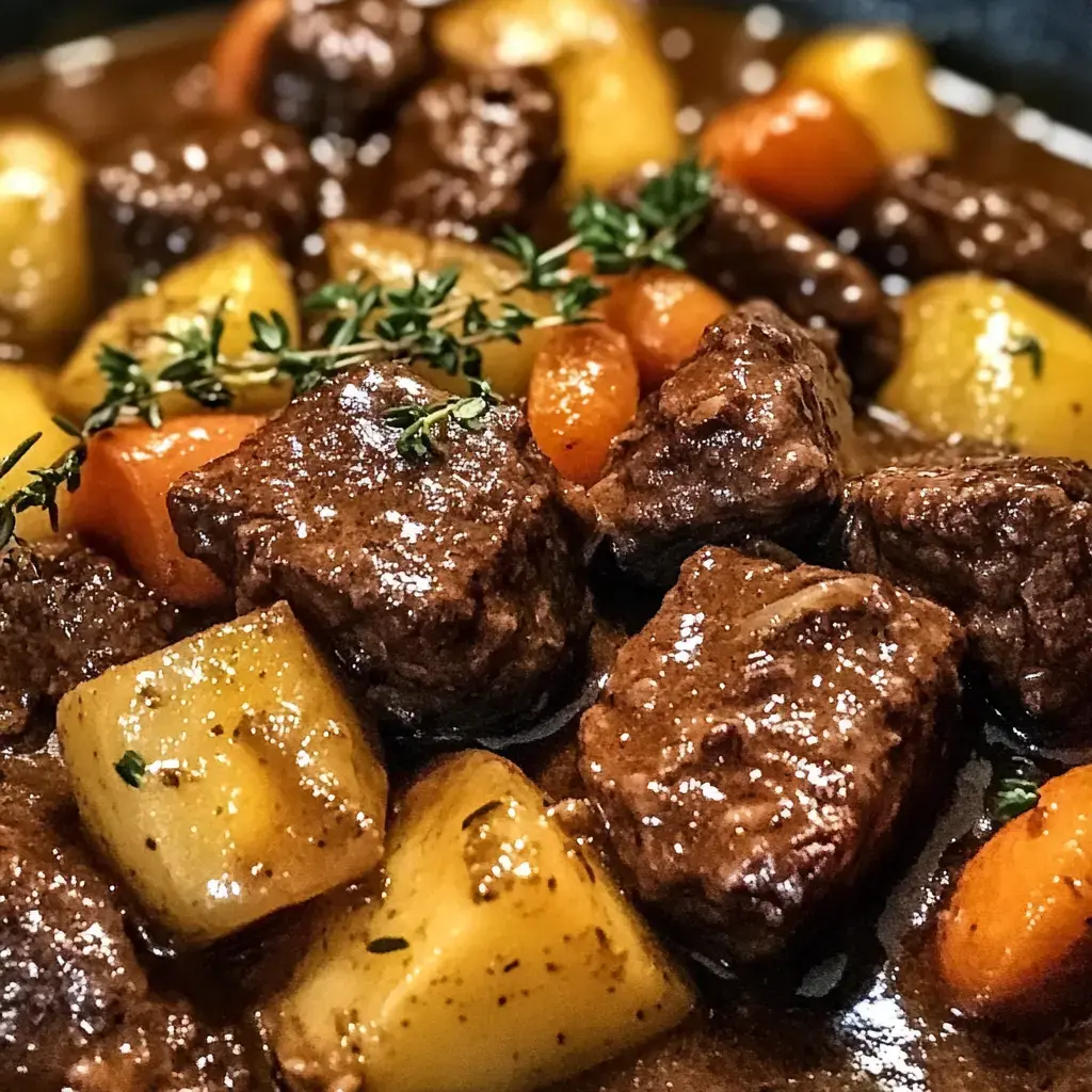 A close-up of a hearty beef stew featuring tender chunks of beef, potatoes, carrots, and garnished with thyme in a rich gravy.