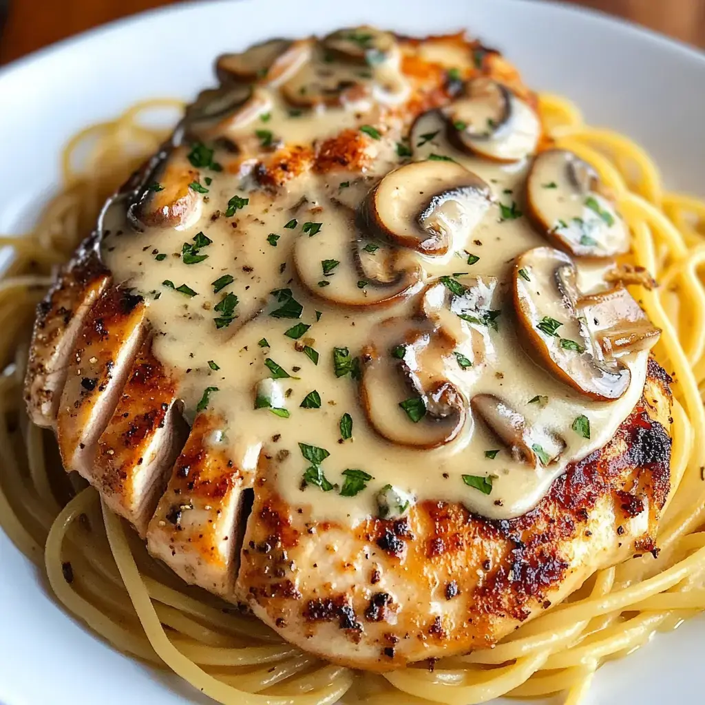 A grilled chicken breast topped with creamy mushroom sauce and fresh parsley, served over a bed of spaghetti.