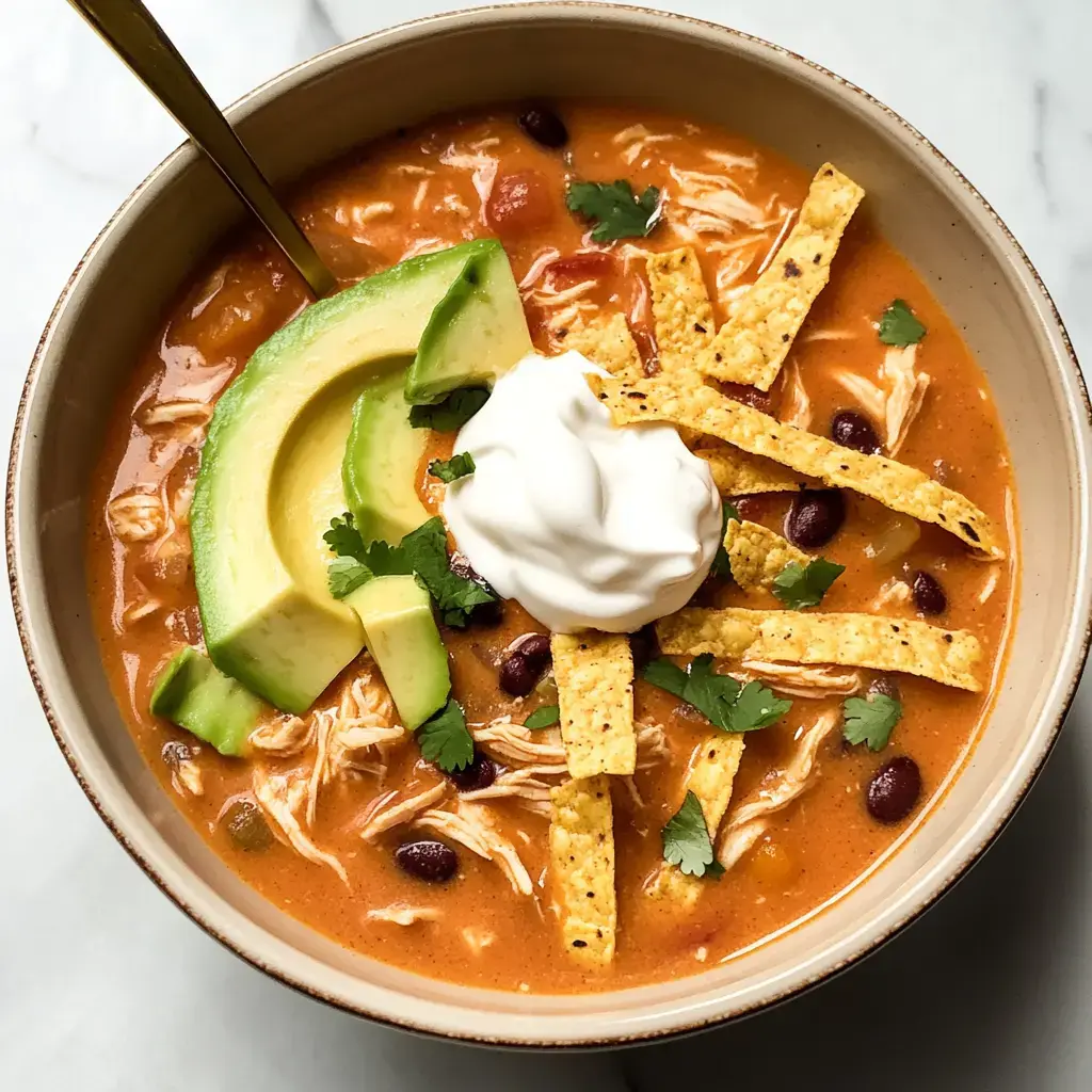 A bowl of creamy soup topped with shredded chicken, avocado slices, tortilla strips, sour cream, and cilantro.