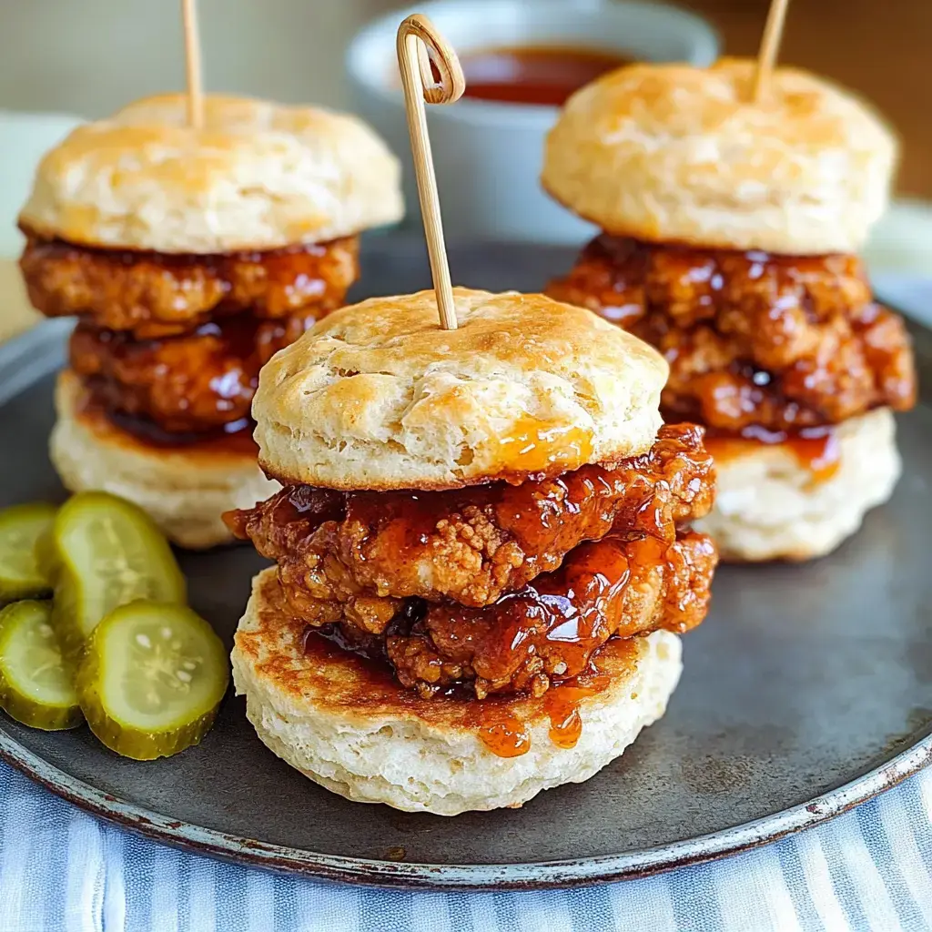 Three stacked chicken biscuit sandwiches drizzled with sauce, accompanied by a few pickle slices on a metal plate.