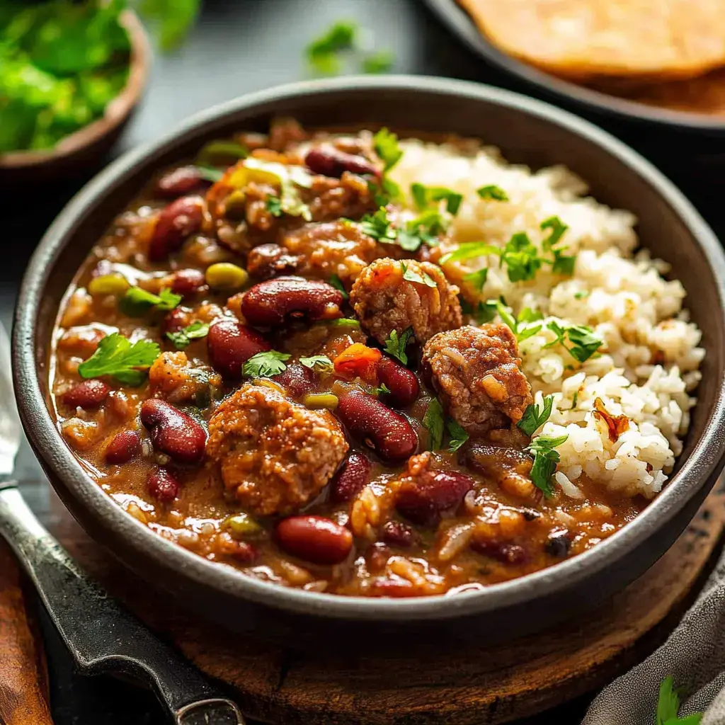 A bowl of hearty chili with beans and meat, garnished with fresh cilantro, served alongside white rice.