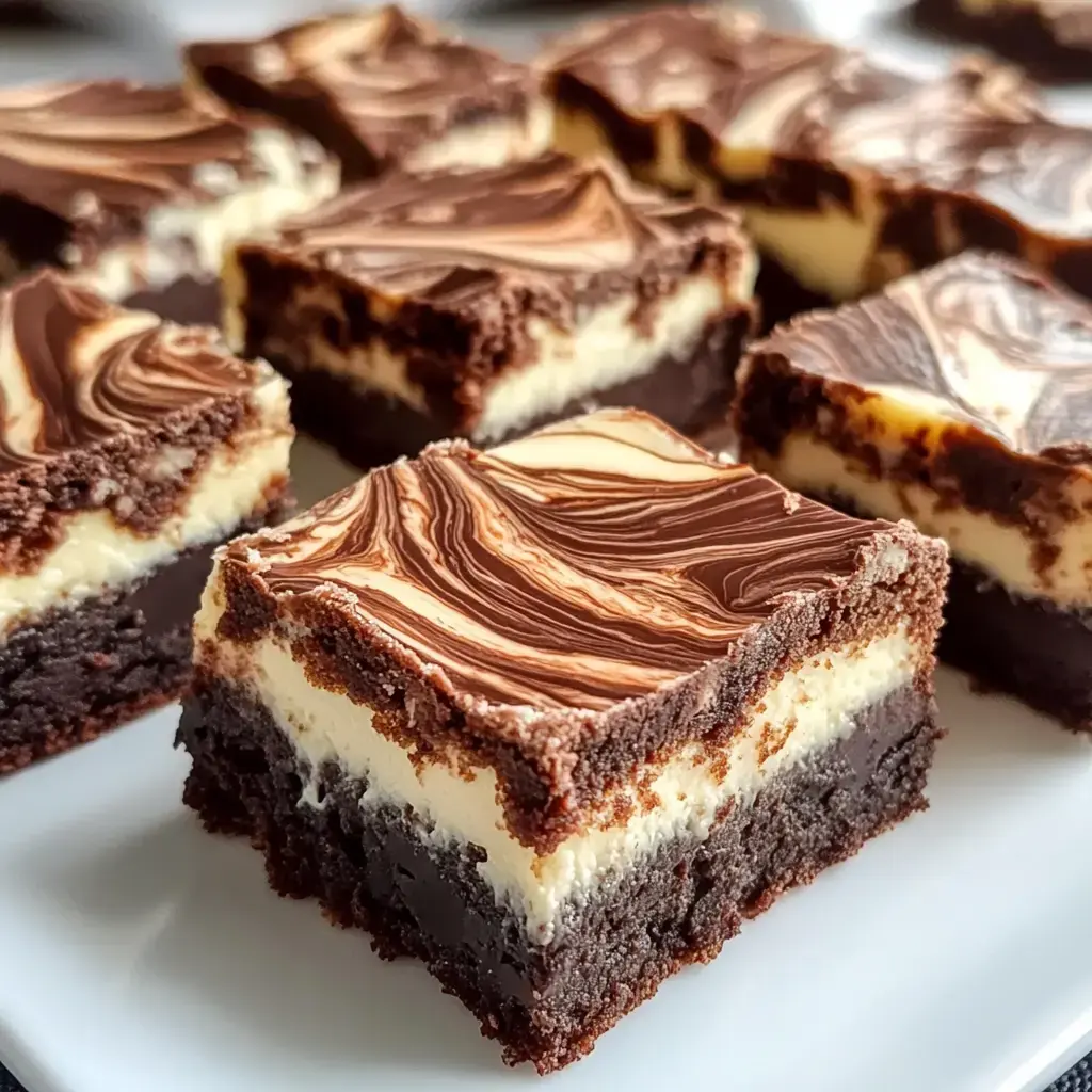 A close-up of decadent layered chocolate bars with swirls of chocolate on top, showcasing rich chocolate and creamy layers.