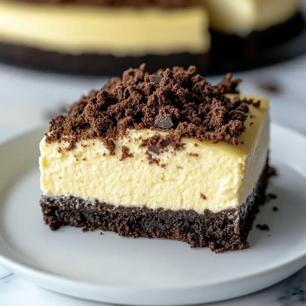 A slice of layered cheesecake with a chocolate crumb topping served on a white plate.