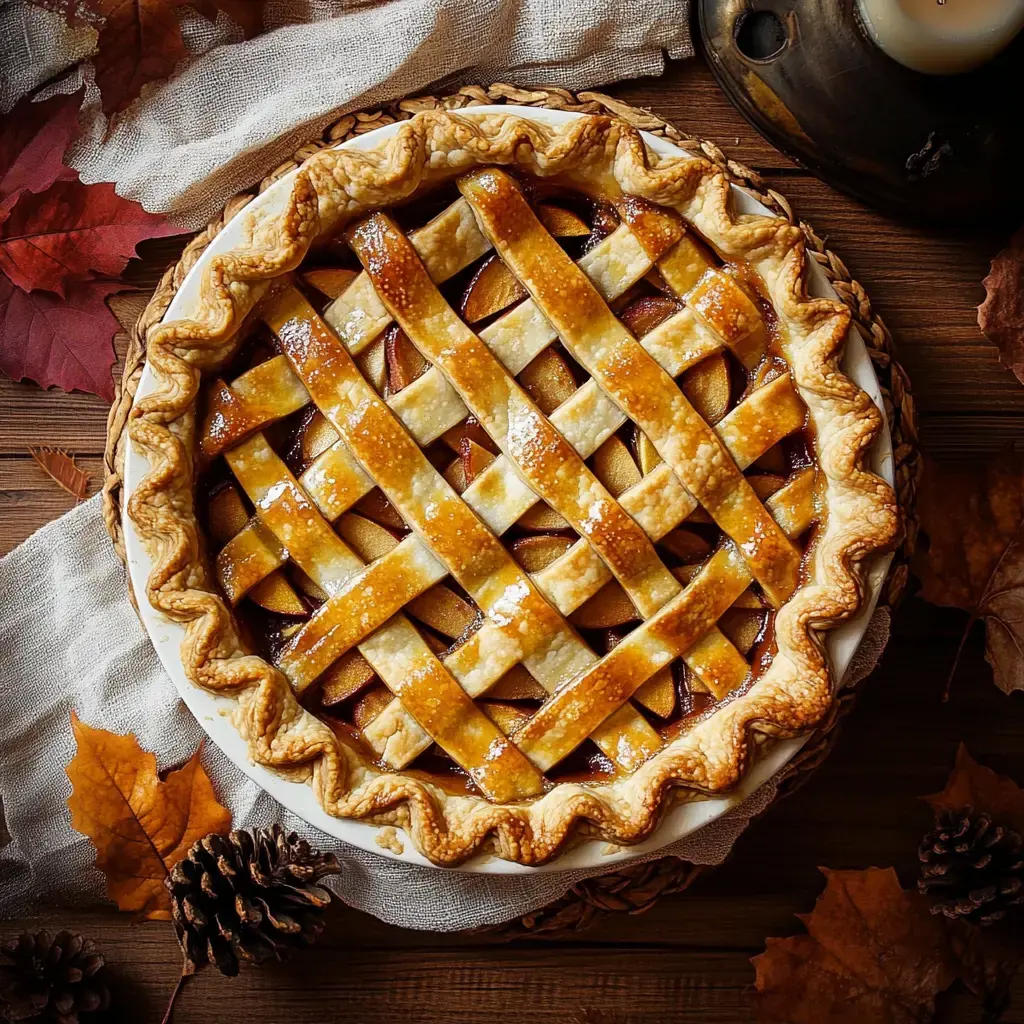 A freshly baked apple pie with a decorative lattice crust sits on a rustic wooden table, surrounded by autumn leaves and pinecones.